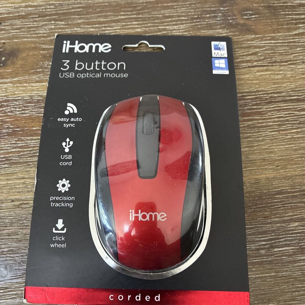 iHome Wired USB Optical Mouse for Mac Windows  3-Button Scroll Wheel RED